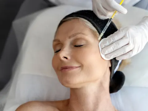 Aplicación de bioestimulador de colágeno en el rostro de una paciente